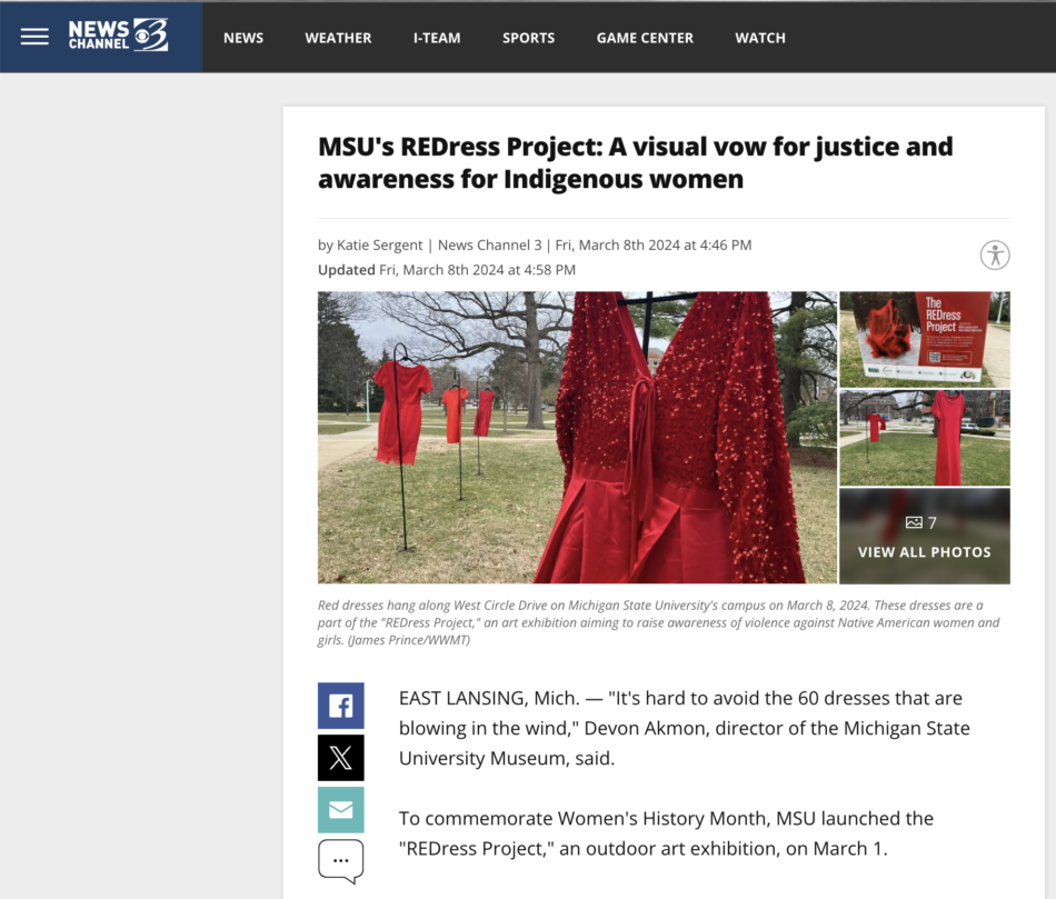 Screenshot of a WMMT Channel 3 news story on the REDress Project exhibition at MSU.
